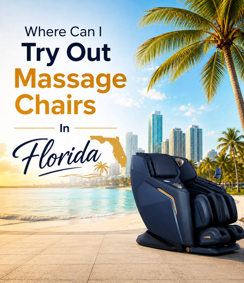 Customer trying a massage chair at The Modern Back Florida showroom.