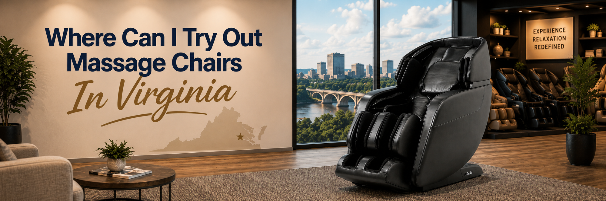 Premium Daiwa massage chairs at The Modern Back's Virginia showroom, where customers can try full-body massage chairs before purchasing.