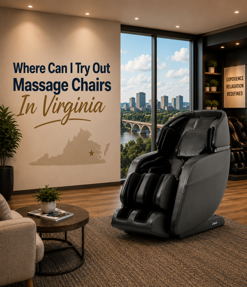Customer testing a luxury Daiwa massage chair at The Modern Back's Virginia showroom, featuring advanced full-body massage technology.