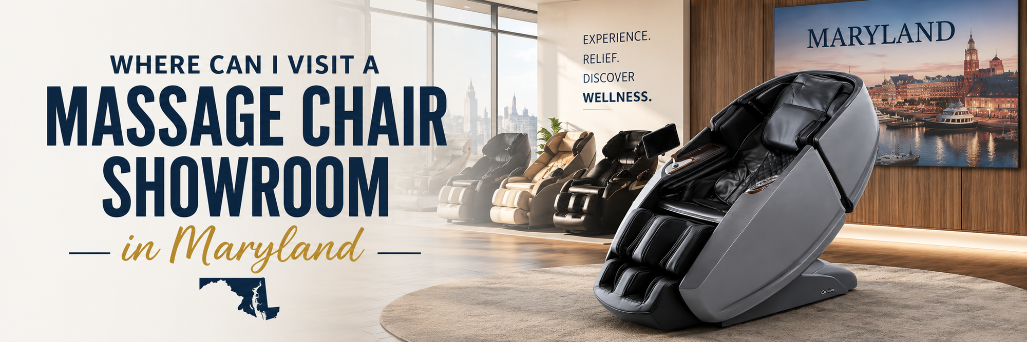 Luxury Daiwa massage chairs on display at The Modern Back's Maryland Massage Chair Showroom in Columbia, MD, where customers can test premium massage chairs before buying.