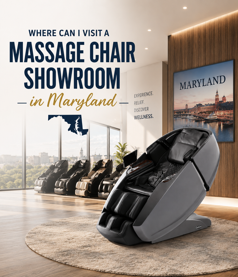Customer exploring premium Daiwa massage chairs at The Modern Back's Maryland Massage Chair Showroom in Columbia, Maryland.