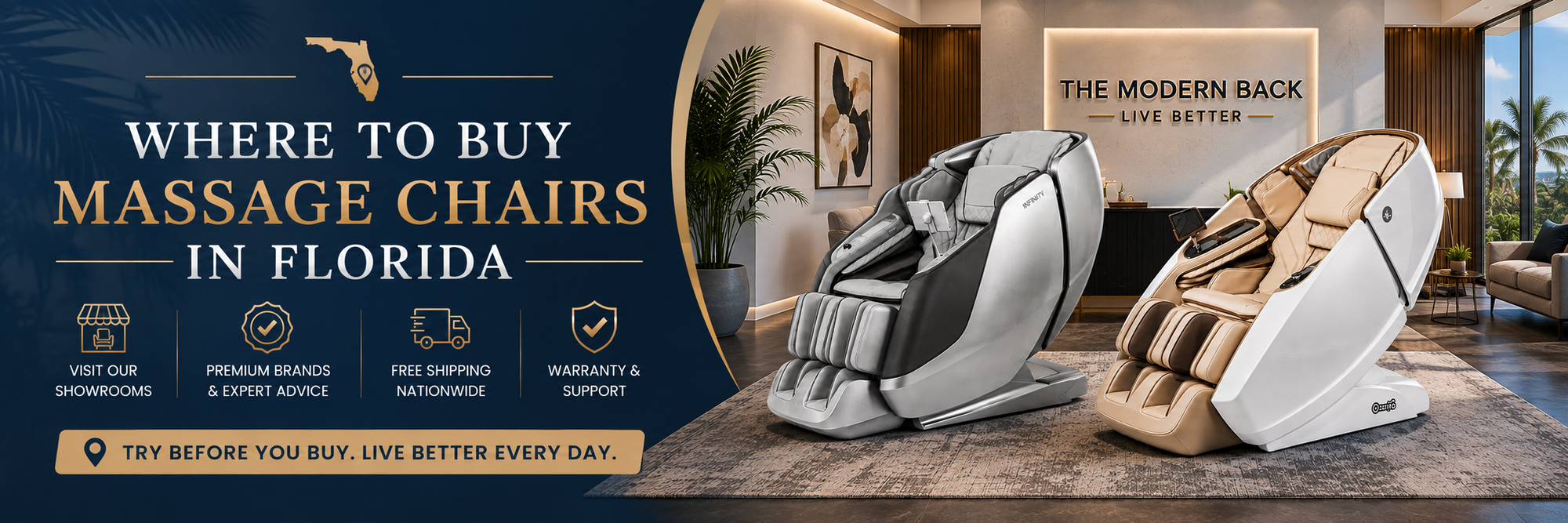 Where to buy massage chairs in Florida featuring premium massage chairs at The Modern Back luxury showroom.