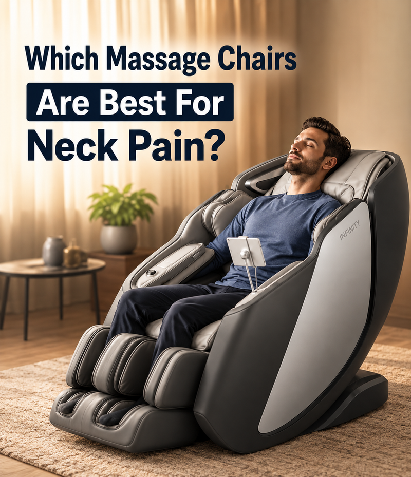 Three premium massage chairs designed to help relieve neck pain with Spot Massage, 4D rollers, and Zero Gravity recline.