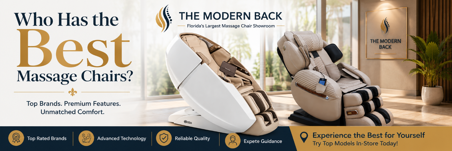Who Has the Best Massage Chairs? The Modern Back banner featuring the Daiwa Supreme Hybrid and Luraco i9 Max Special Edition luxury massage chairs in a premium showroom.