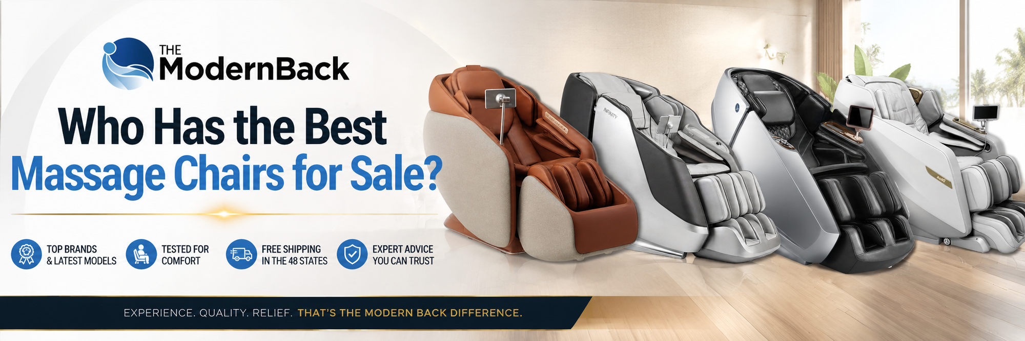 Luxury massage chairs for sale from The Modern Back featuring premium Daiwa, Infinity, Ceragem, and Kahuna massage chairs with expert guidance and free nationwide shipping.