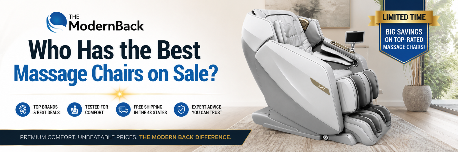 Who Has the Best Massage Chairs on Sale? Premium white massage chair with The Modern Back logo highlighting limited-time massage chair deals, free shipping, expert advice, and top-rated brands.