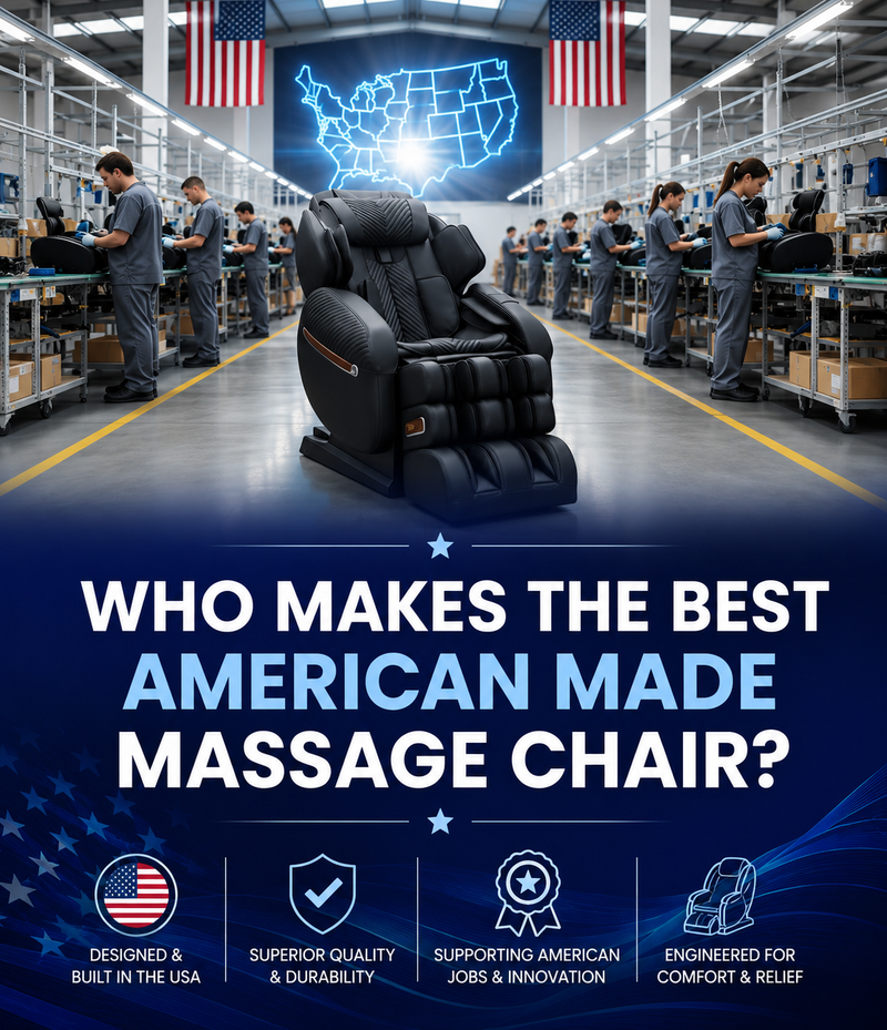 American-made massage chair in a U.S. manufacturing facility with skilled technicians assembling premium massage chairs for an article about the best American-made massage chairs.