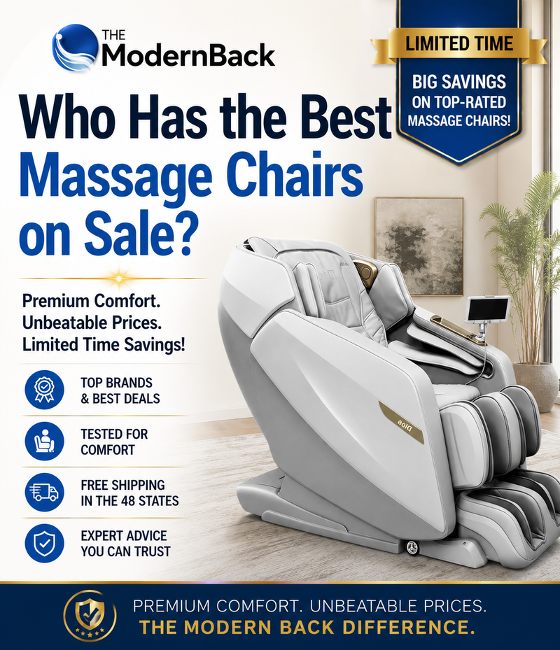 Who Has the Best Massage Chairs on Sale? Luxury white massage chair promoting limited-time savings, top-rated massage chairs, free shipping, and trusted buying advice from The Modern Back.