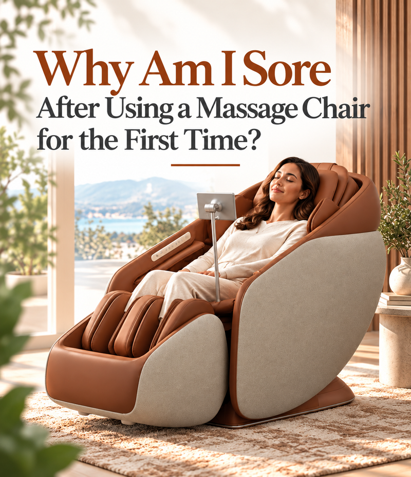 Woman using a massage chair for the first time and learning why post-massage soreness can occur.