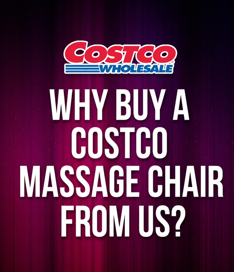 Mobile banner for article titled "Why Buy a Costco Massage Chair From Us?" featuring the Costco Wholesale logo above bold white text on a purple gradient background.