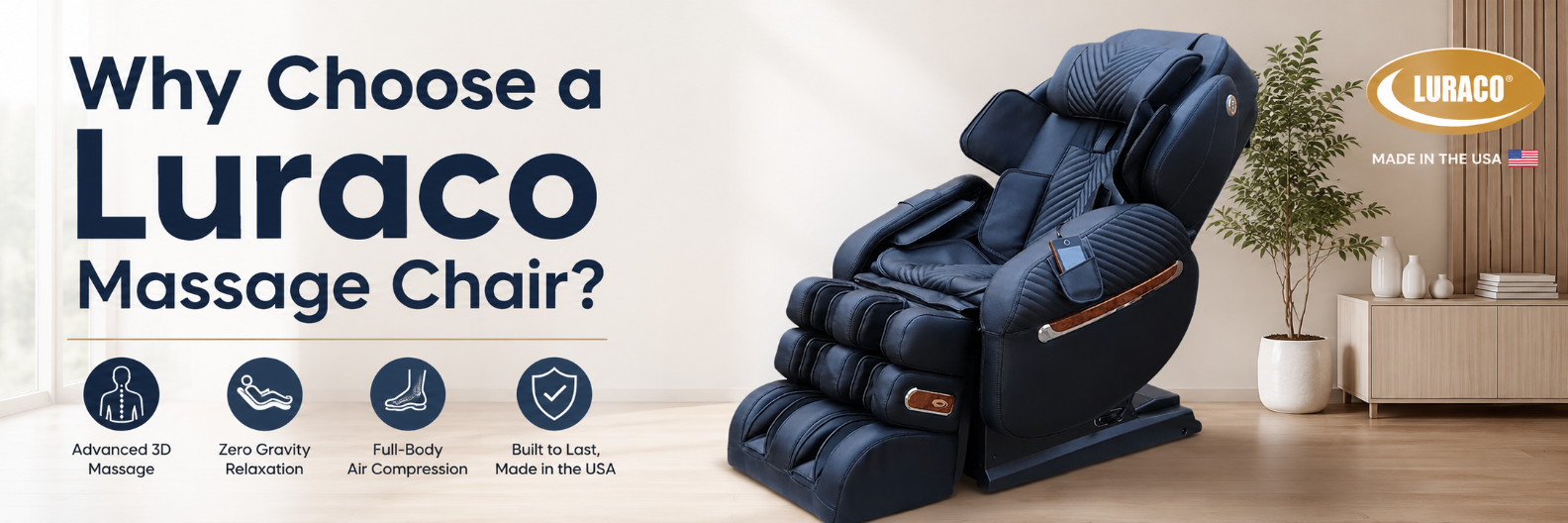 Luraco i9 Medical 3D massage chair in a modern showroom for the article "Why Choose a Luraco Massage Chair?" highlighting advanced 3D massage, zero gravity, full-body air compression, and Made in the USA craftsmanship.