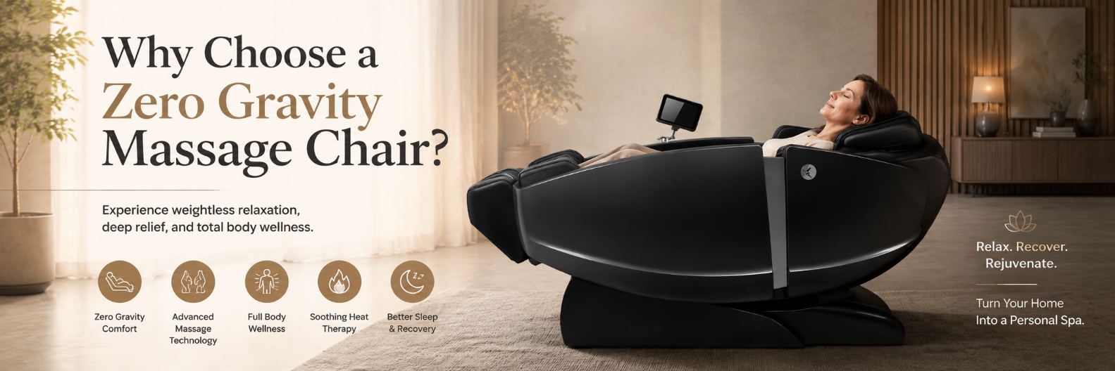 Why Choose a Zero Gravity Massage Chair banner featuring a woman relaxing in a premium zero gravity massage chair in a spa-inspired home environment.