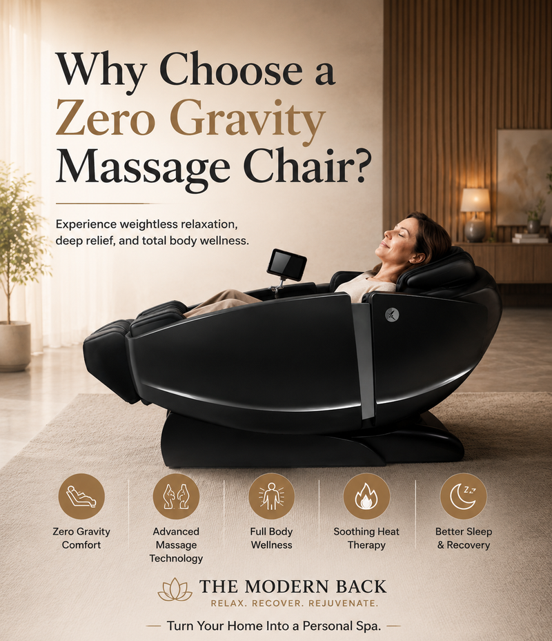 Mobile banner for Why Choose a Zero Gravity Massage Chair featuring a woman experiencing zero gravity comfort, massage therapy, and full-body wellness.