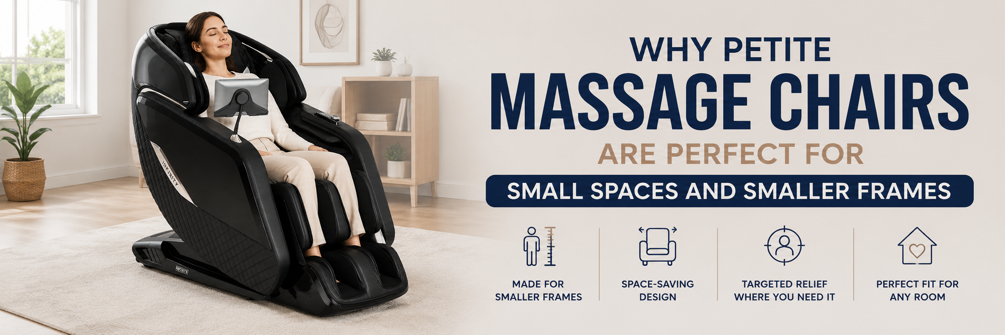 Why petite massage chairs are perfect for small spaces and smaller frames featuring a compact massage chair and petite user.