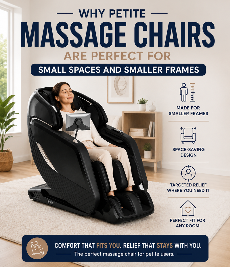 Petite woman relaxing in a compact massage chair designed for smaller body frames and space-conscious living.