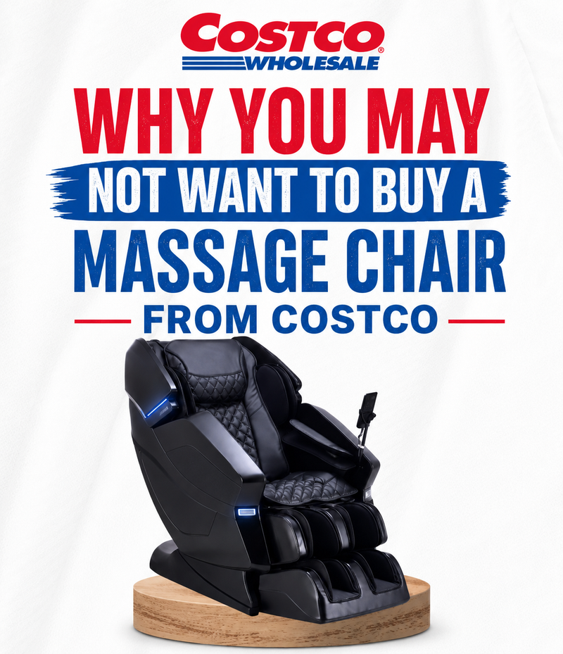 Black massage chair beneath Costco branding, illustrating reasons consumers may want to consider alternatives before buying a massage chair from Costco.
