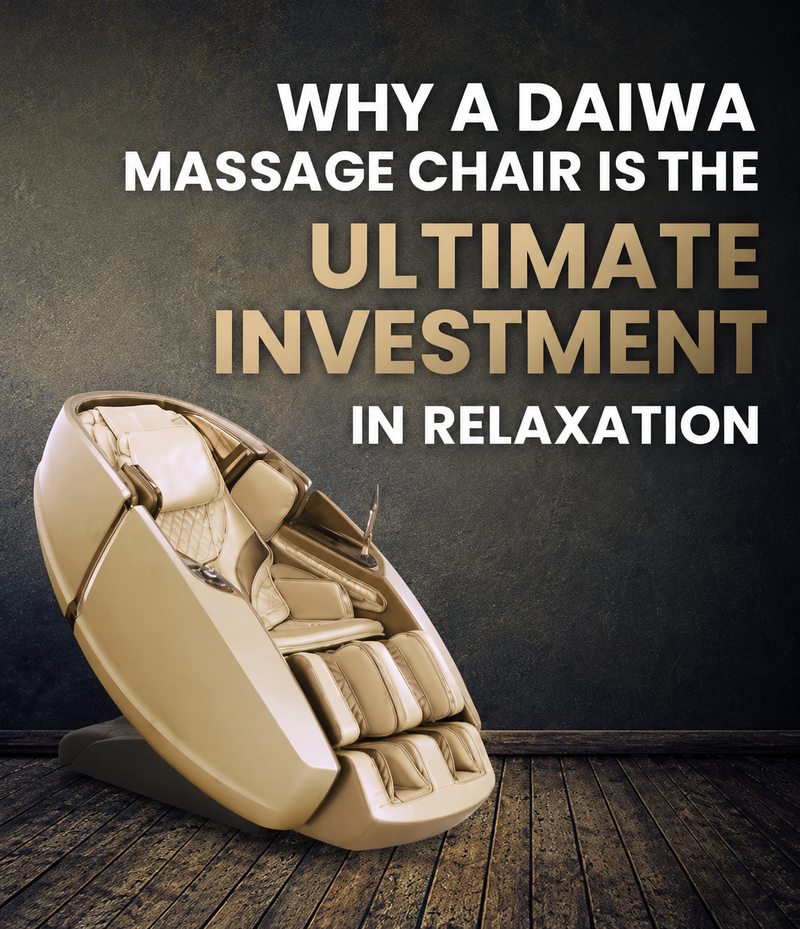 Beige massage chair on a wooden floor with promotional text about Daiwa massage chairs.