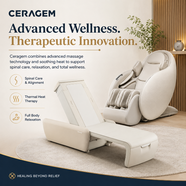 Ceragem wellness products featuring a thermal massage bed and massage chair designed for spinal care, heat therapy, and full-body relaxation.