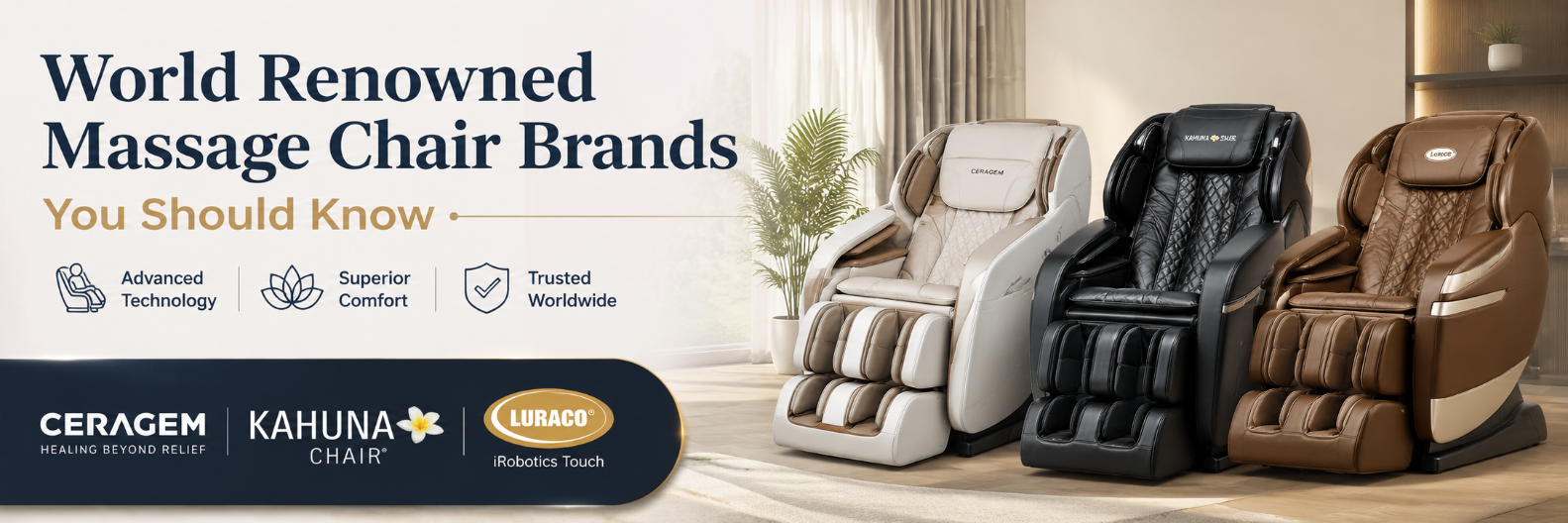 World-renowned massage chair brands banner featuring Ceragem, Kahuna, and Luraco massage chairs in a modern showroom setting.