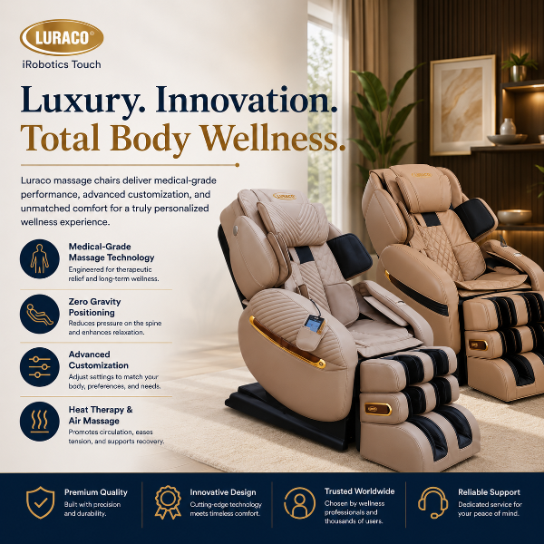 Luraco massage chairs showcasing medical-grade technology, advanced customization, heat therapy, and premium wellness features.