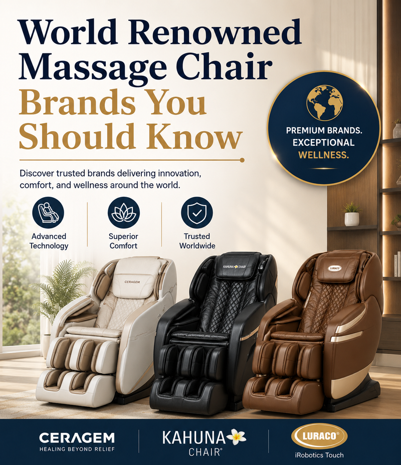 Mobile banner showcasing Ceragem, Kahuna, and Luraco massage chairs with wellness-focused branding and advanced massage technology highlights.