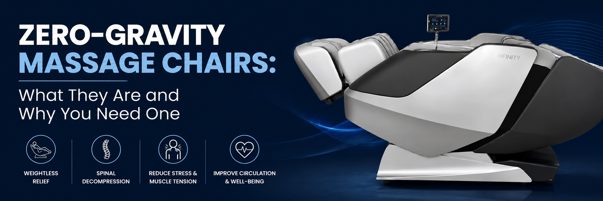 Zero-gravity massage chair illustrating the benefits of weightless recline, spinal decompression, and improved circulation.