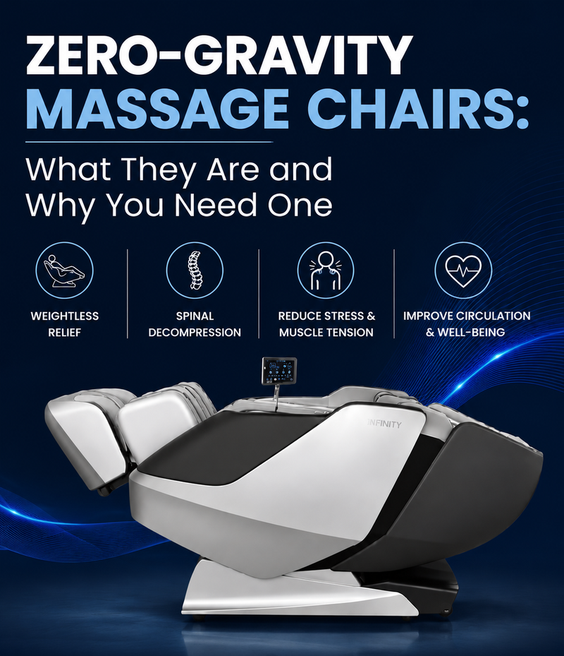 Mobile banner featuring a zero-gravity massage chair and the key benefits of weightless relief, spinal support, and relaxation.