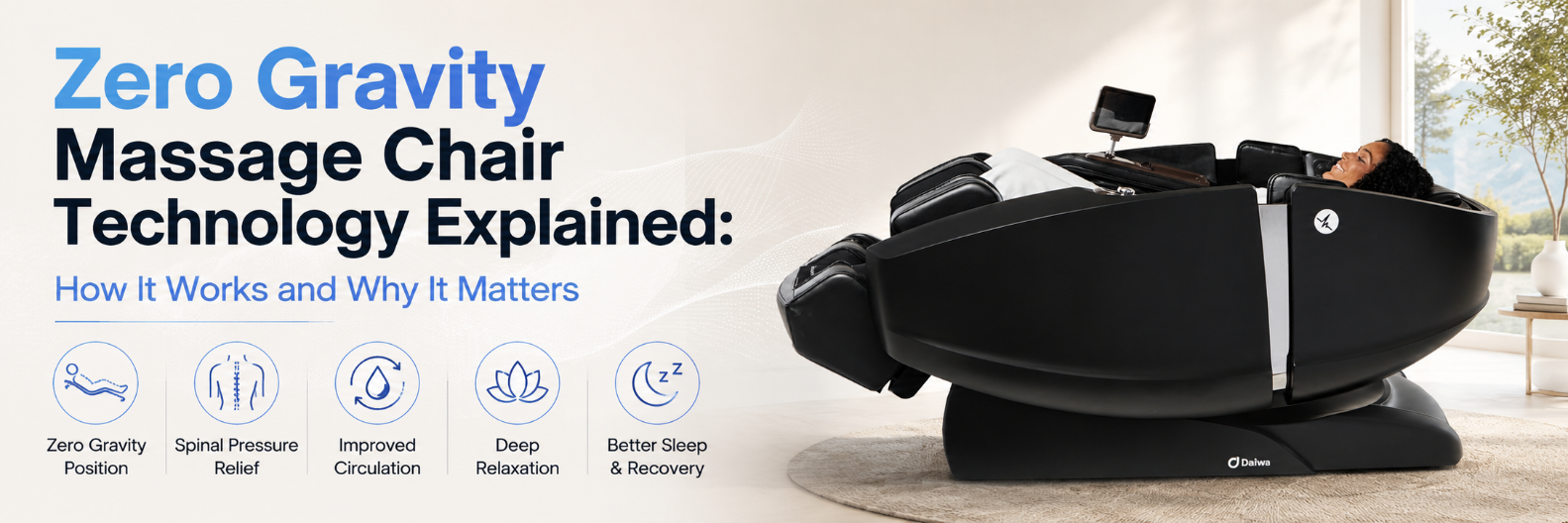 Zero gravity massage chair technology explained, featuring a reclining massage chair designed to reduce spinal pressure and improve comfort.
