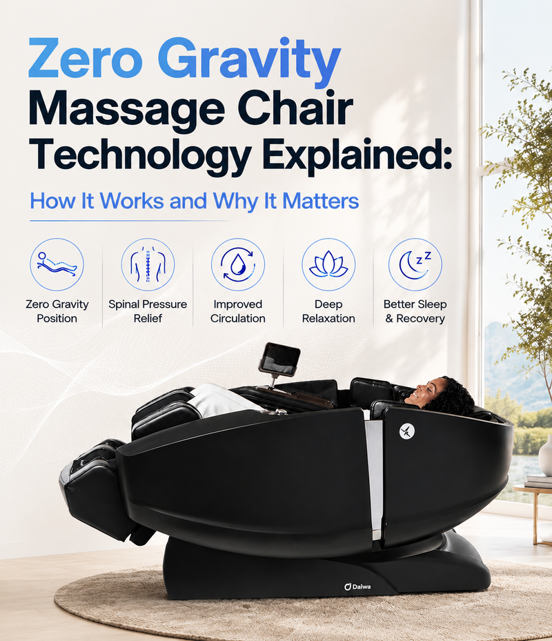 Zero gravity massage chair in a fully reclined position illustrating how zero gravity technology improves comfort, circulation, and relaxation.