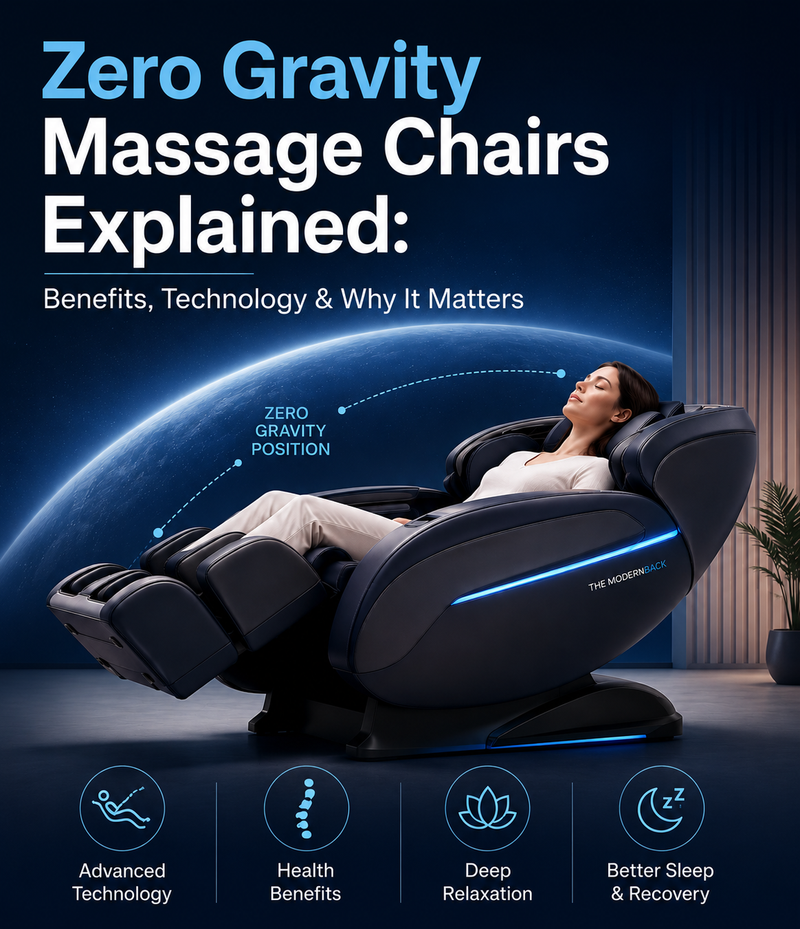 Woman relaxing in a zero gravity massage chair demonstrating advanced massage chair technology and health benefits.