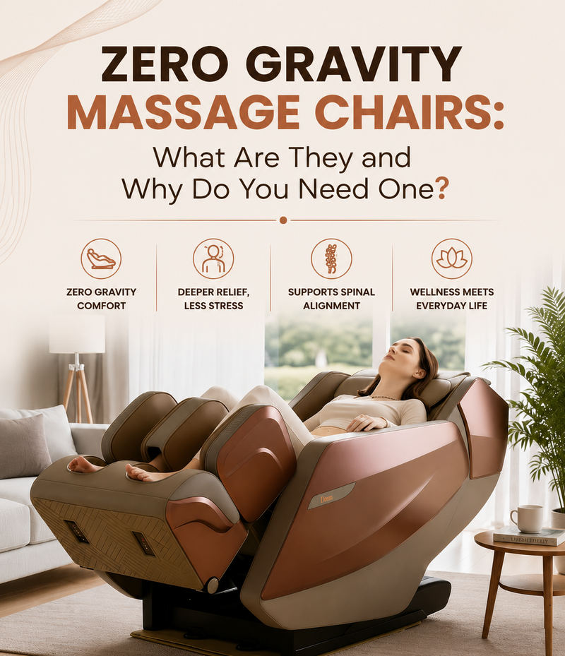 Mobile banner featuring a woman reclining in a zero gravity massage chair with highlights of comfort, stress relief, and wellness benefits.