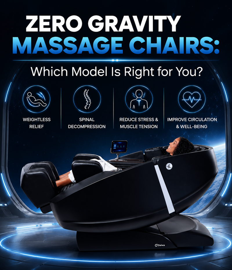 Mobile banner for choosing the right zero gravity massage chair featuring a reclining user, futuristic design, and key wellness benefits