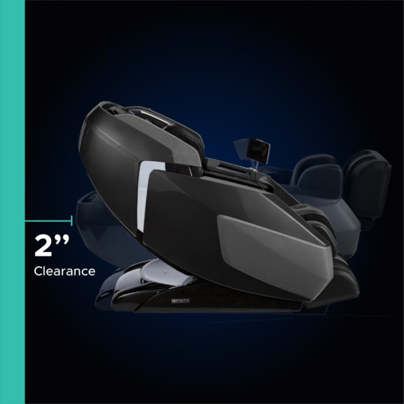 Massage chair reclining close to a wall, demonstrating zero wall space-saving design.