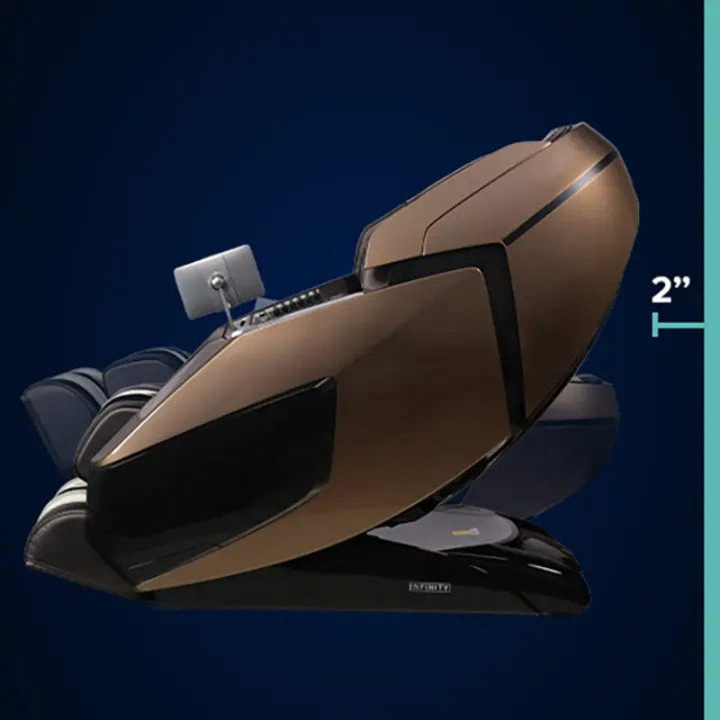 Side view of the Infinity Circadian 4D DualFlex Massage Chair demonstrating Zero Wall Fit™ Space-Saving Technology, smoothly gliding forward during recline to maintain minimal clearance from the wall, maximizing room efficiency.