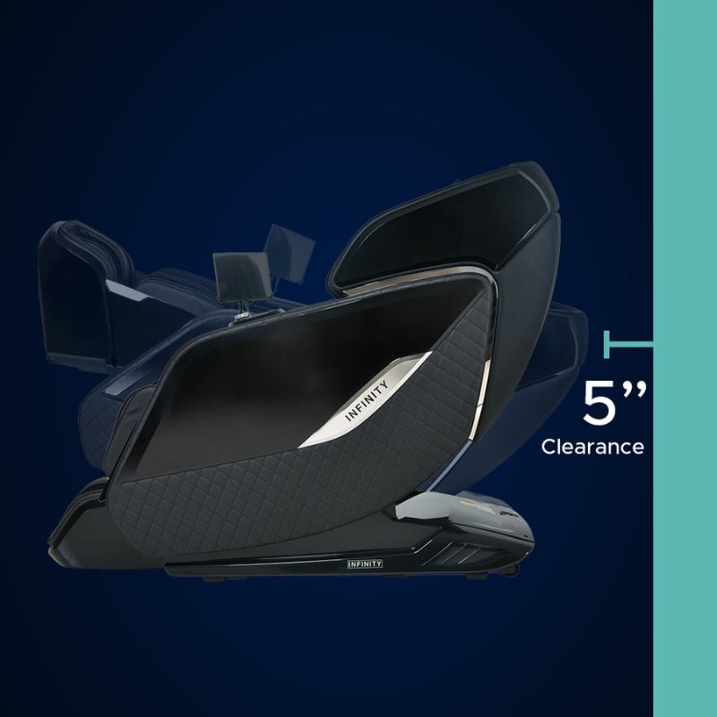 Diagram showing a massage chair sliding forward as it reclines to demonstrate its space-saving, zero-wall design.