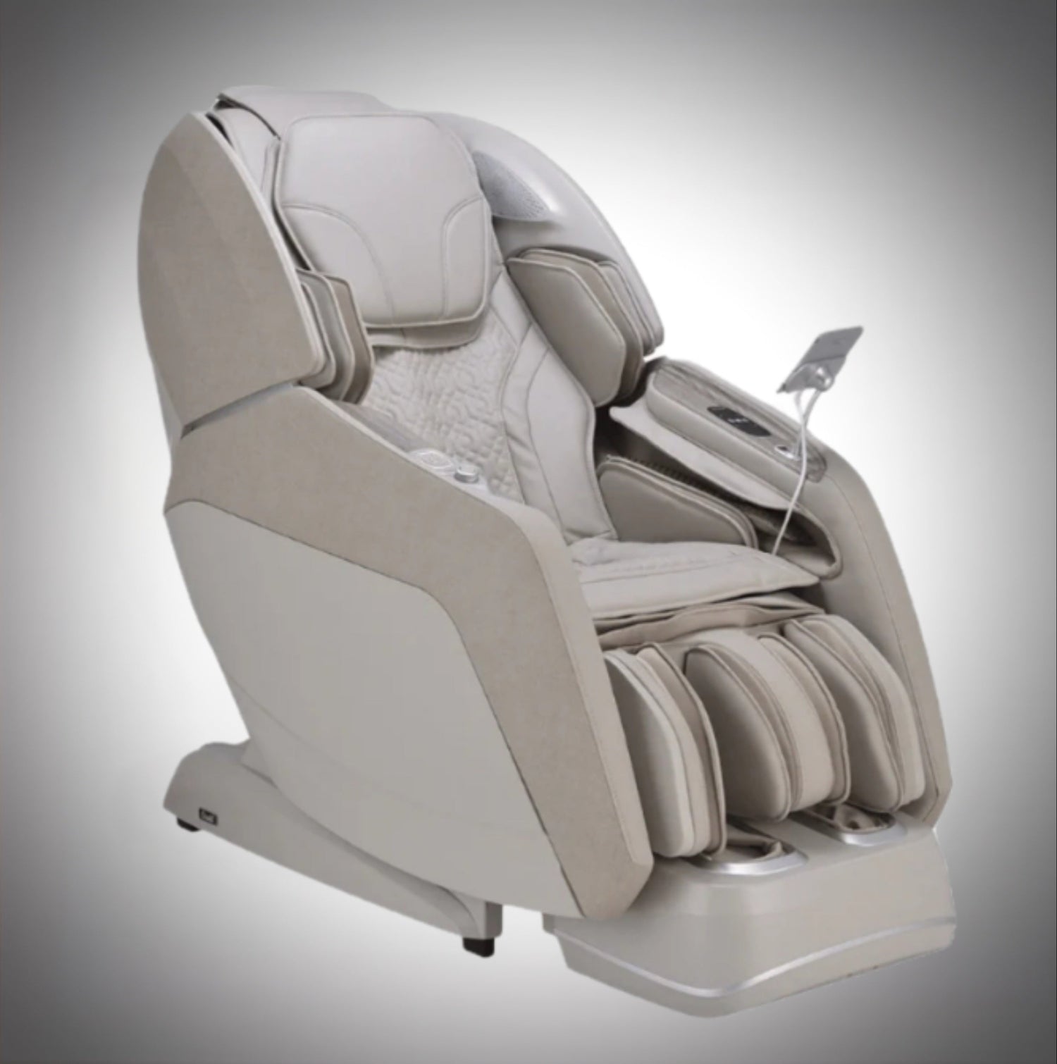 Osaki 4D Manhattan Duo Mech massage chair in taupe with dual roller technology, zero gravity recline, and modern space-saving design.