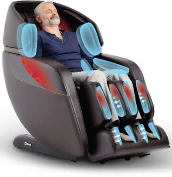 Person relaxing in a Daiwa Legacy 4 massage chair with full body air massage, including upper body airbags, foot compression, and lumbar heat.