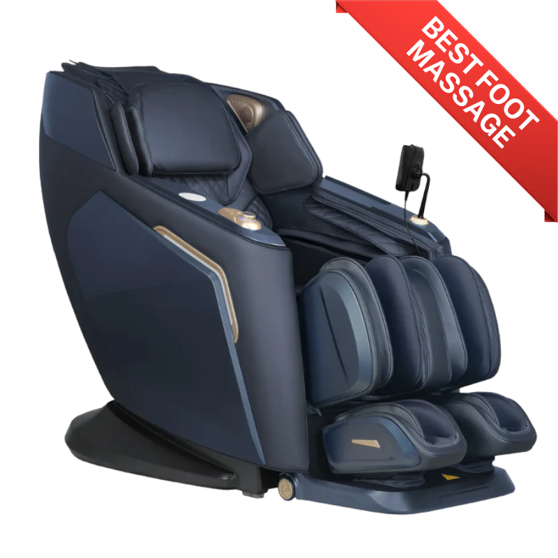 Black Daiwa Rumba massage chair featuring SL-track design, arms and calf rests extended, shown from front-side angle in matte black finish.