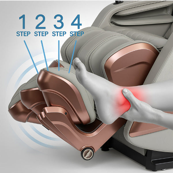 Kahuna Dios Flexa massage chair with swinging open-style footrest for adjustable leg support and stretching.