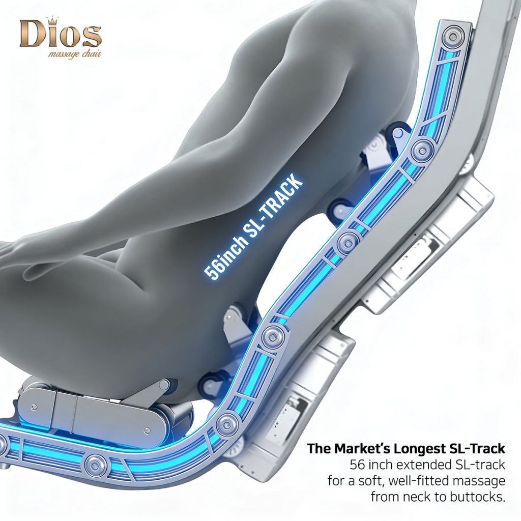 Kahuna Dios Flexa massage chair with 56-inch extended SL-track for full-body massage from neck to glutes.