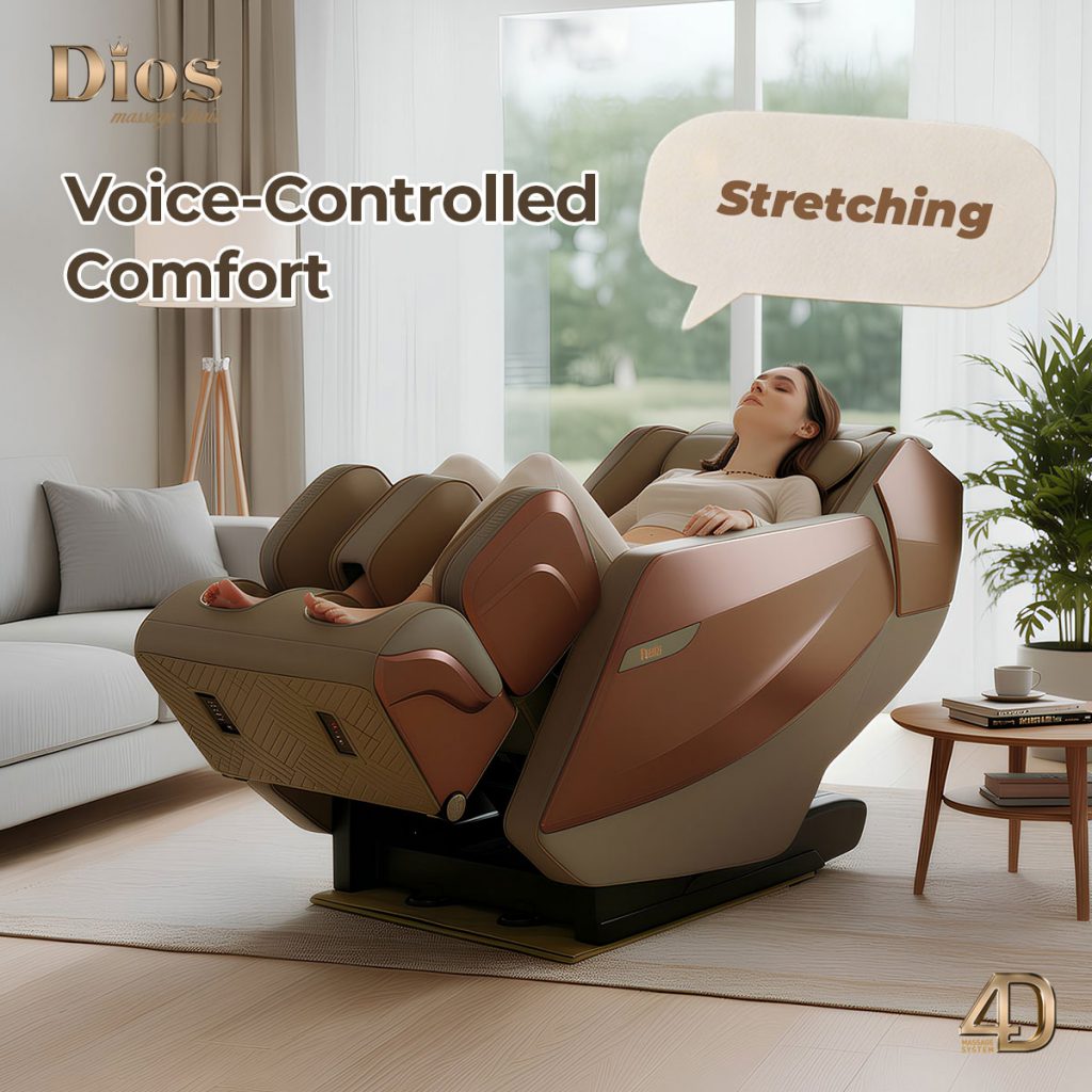 Kahuna Dios Flexa massage chair with voice control feature for hands-free adjustment of massage settings.