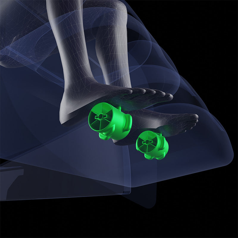 Close-up of the Kyota Zenyu M338 massage chair’s foot reflexology rollers at work on the user’s feet.