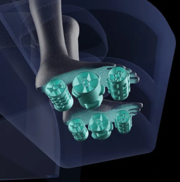 Close-up image of the Total Sole Reflexology Foot Rollers on the Infinity Ultra Imperial Syner-D massage chair showcasing advanced foot massage and reflexology technology.