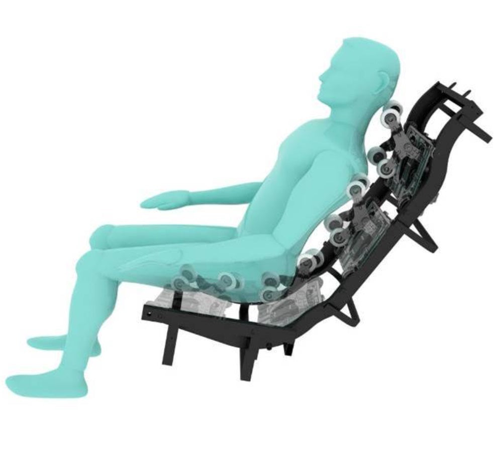 The Infinity Riage 4D Massage Chair features an L-Track system that extends massage coverage from the neck down to the glutes, providing comprehensive relaxation and support.