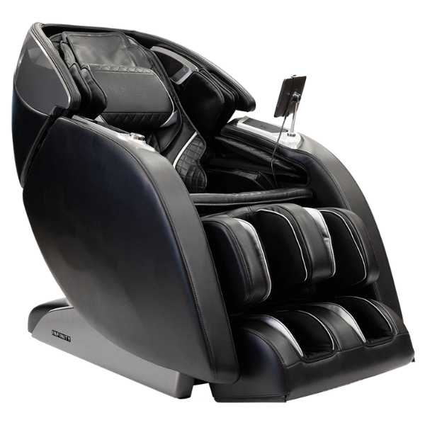 Infinity Luminary Syner-D Massage Chair in black, featuring a sleek, modern design with advanced 4D massage rollers and zero gravity positioning.