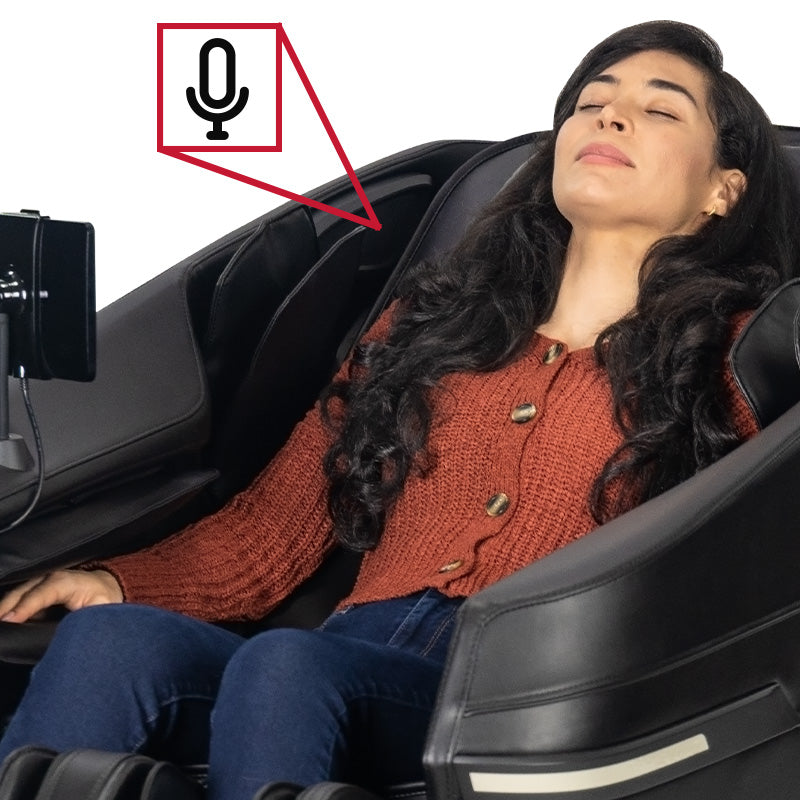 Person speaking to the Kyota Zenyu M338 massage chair demonstrating the Intelligent Voice Command + Control feature.