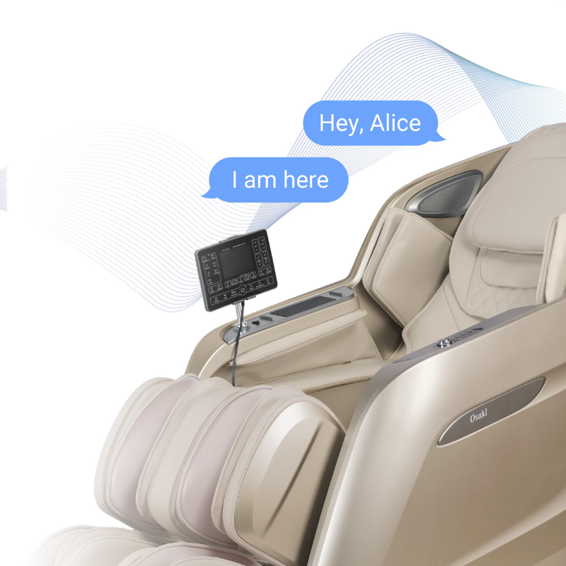Osaki 4D Achilles massage chair with voice control activated by 'Hey Alice' or 'Hi Alice' commands.