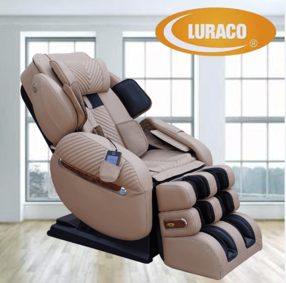Taupe Luraco i9 Max Special Edition massage chair with premium leather upholstery, featuring advanced 4D massage technology, split L-track design, and ergonomic arm-to-leg coverage for full-body comfort.