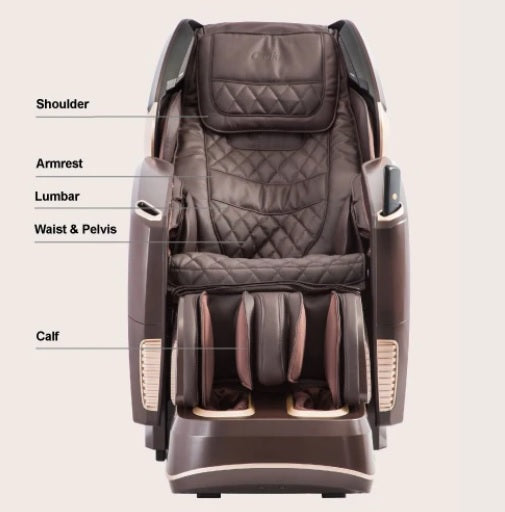 The Osaki Maestro Massage Chair features 32 strategically placed airbags that provide targeted compression for the arms, shoulders, calves, and feet, improving circulation and relieving tension.