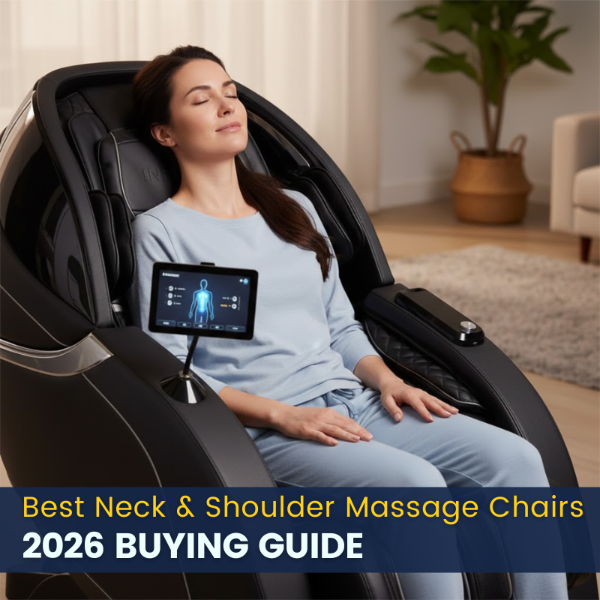 Woman using a massage chair with a screen displaying massage settings in a home setting.
